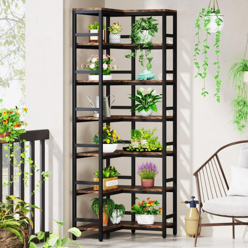 Tribesigns Brown/Black Metal 7 -Shelf Corner Bookcase ( 23.62-Inches W x 78.74-Inches H x 9.44-Inches D ) Painted - Image 2