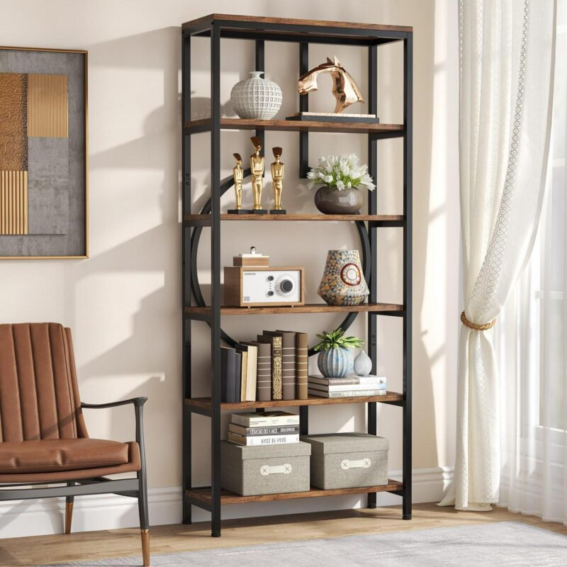 Tribesigns Earlimart Brown Metal 5 -Shelf Bookcase ( 27.56-in W x 70.87-in H x 11.81-in D ) Finished - Image 5