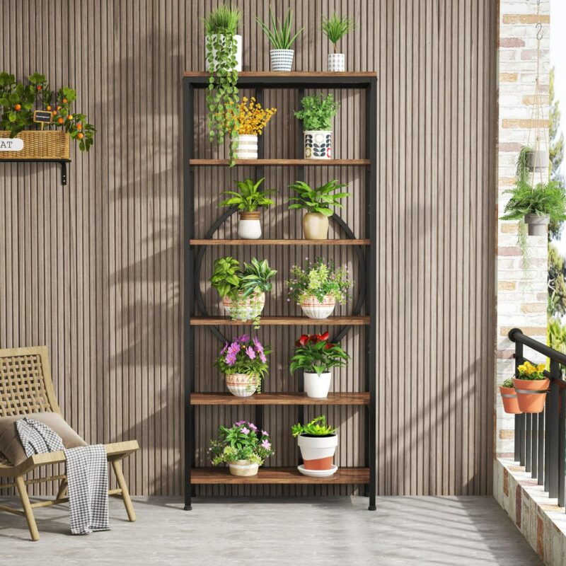 Tribesigns Earlimart Brown Metal 5 -Shelf Bookcase ( 27.56-in W x 70.87-in H x 11.81-in D ) Finished - Image 3