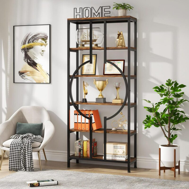 Tribesigns Earlimart Brown Metal 5 -Shelf Bookcase ( 27.56-in W x 70.87-in H x 11.81-in D ) Finished