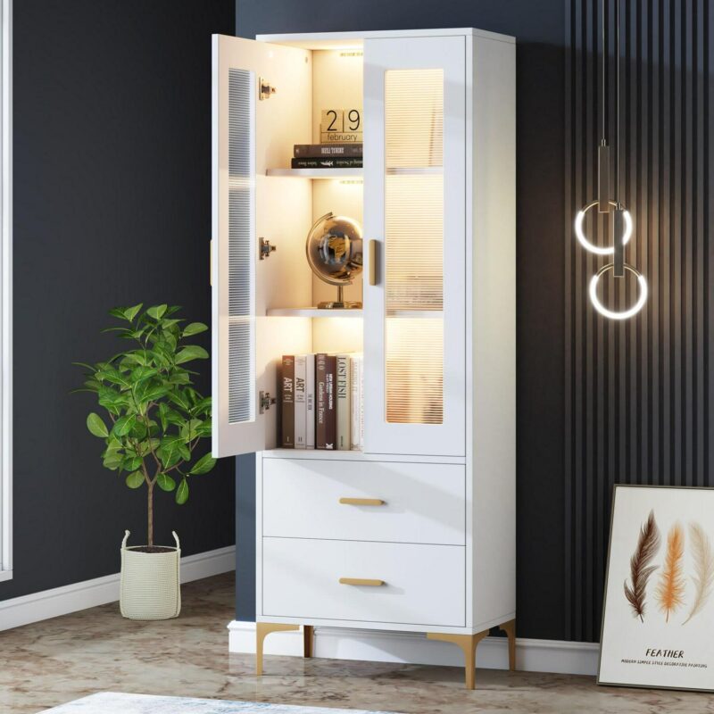 Tribesigns White Gold Metal 3 -Shelf Bookcase with Doors ( 23.62-Inches W x 64.96-Inches H x 13.77-Inches D ) Unfinished - Image 2