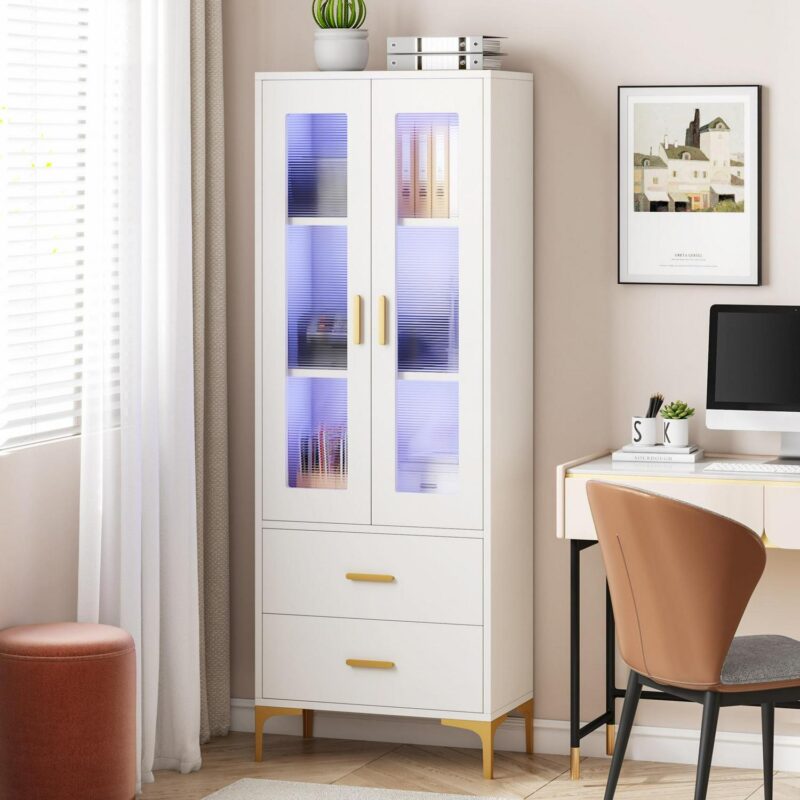 Tribesigns White Gold Metal 3 -Shelf Bookcase with Doors ( 23.62-Inches W x 64.96-Inches H x 13.77-Inches D ) Unfinished - Image 8