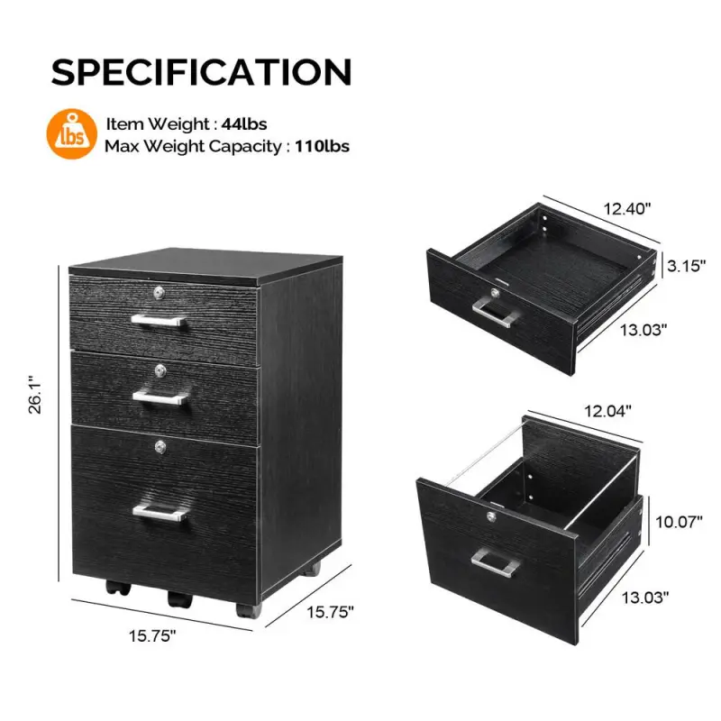 Winado Black 3 -Drawer 18.89-Inches File Cabinet - Image 6