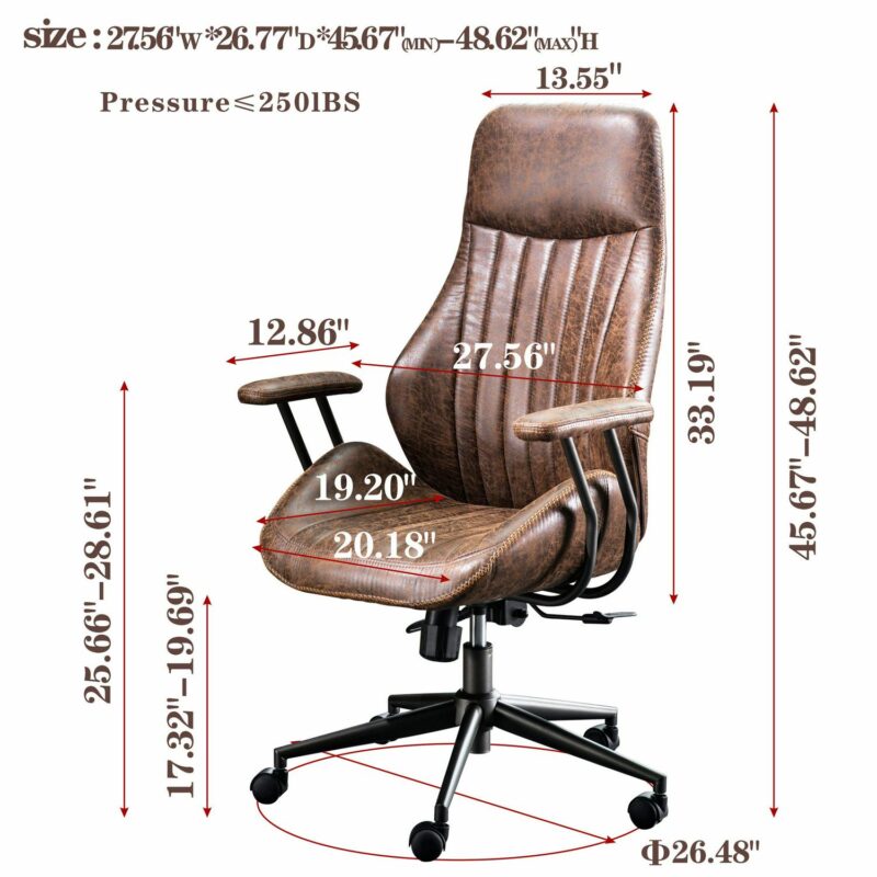 XIZZI Dark Brown Office Chair Traditional Ergonomic Adjustable Height Swivel Upholstered Task Chair - Image 13