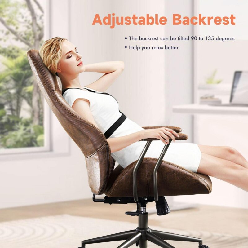 XIZZI Dark Brown Office Chair Traditional Ergonomic Adjustable Height Swivel Upholstered Task Chair - Image 5