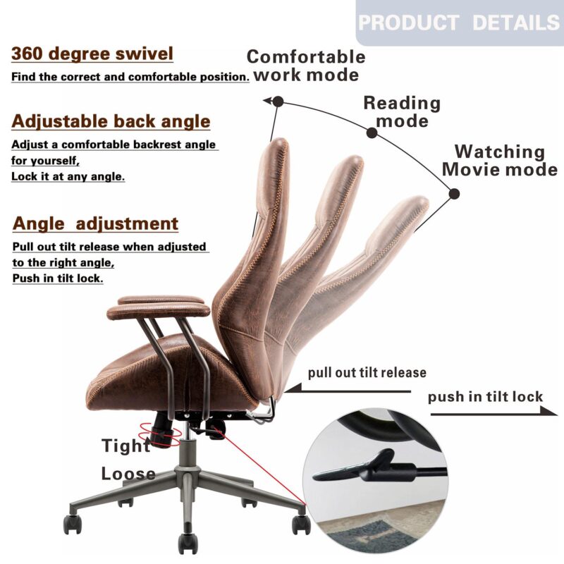 XIZZI Dark Brown Office Chair Traditional Ergonomic Adjustable Height Swivel Upholstered Task Chair - Image 12