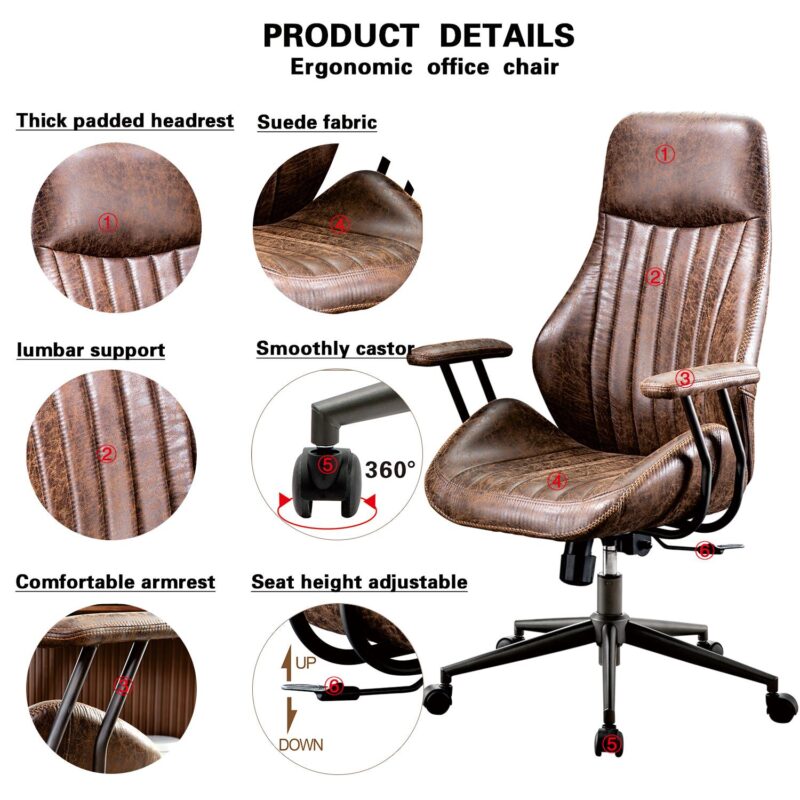 XIZZI Dark Brown Office Chair Traditional Ergonomic Adjustable Height Swivel Upholstered Task Chair - Image 11