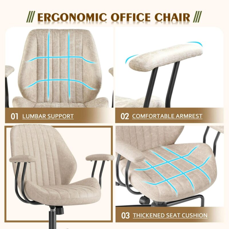 weaxty Beige Contemporary Ergonomic Adjustable Height Swivel Fabric Desk Chair - Image 3