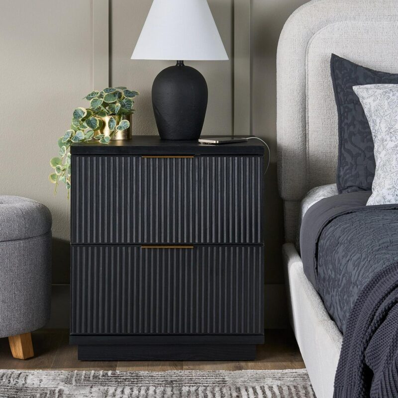 (2 pack) Better Homes and Gardens Lillian Fluted 2-Drawer Nightstand with USB, Rich Black Finish - Image 2