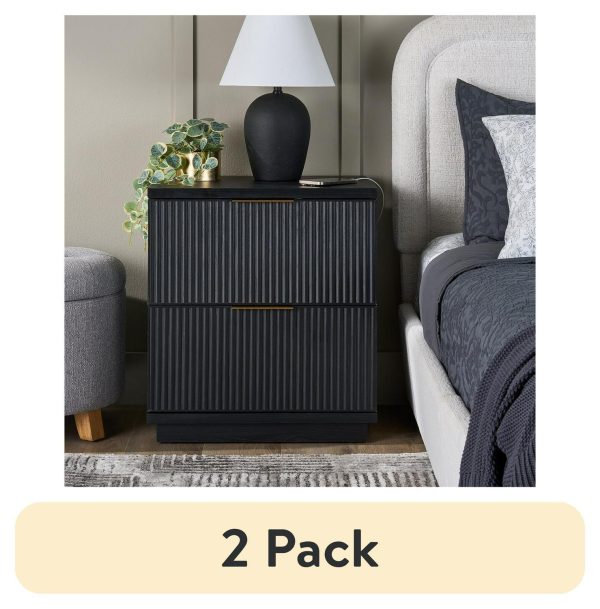 (2 pack) Better Homes and Gardens Lillian Fluted 2-Drawer Nightstand with USB, Rich Black Finish