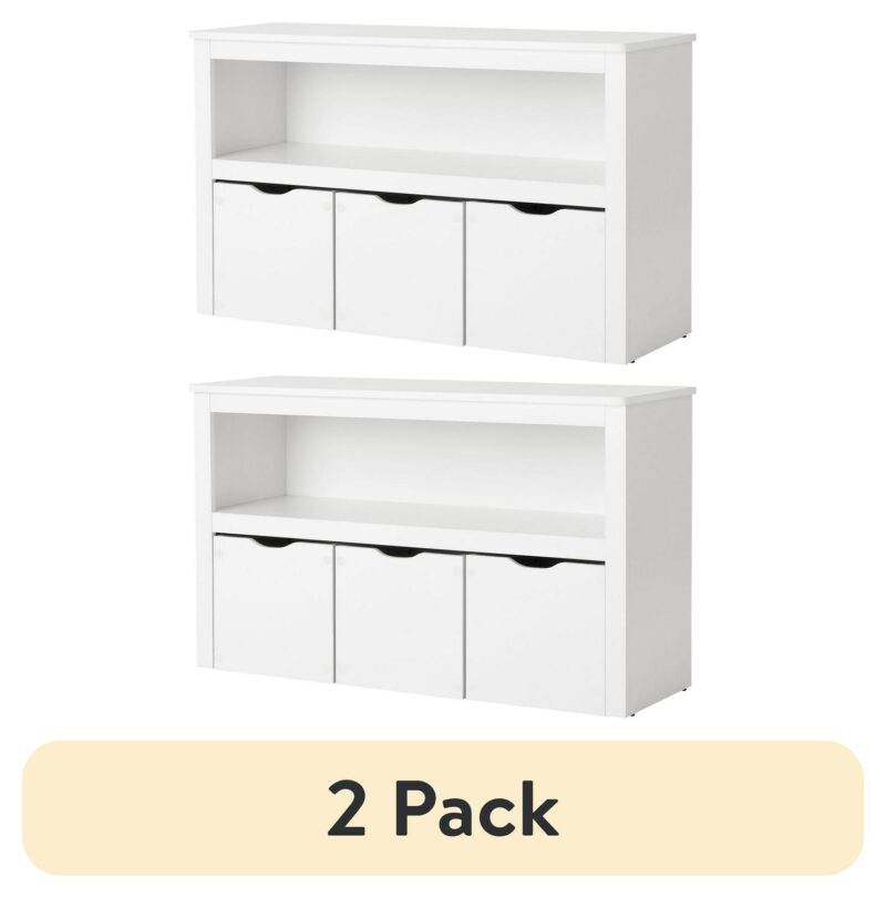 (2 pack) Your Zone Kids Toy Storage Cabinet with Three Rolling Bins, White Finish