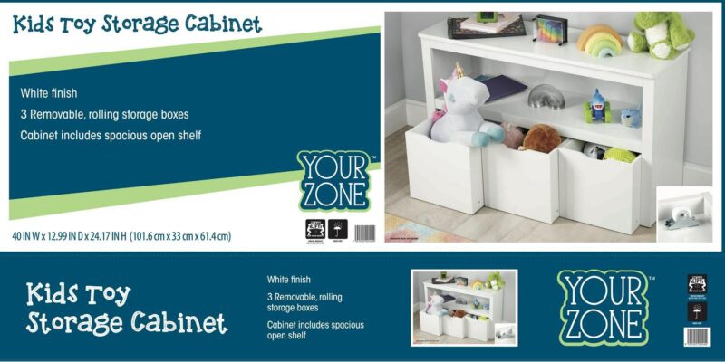 (2 pack) Your Zone Kids Toy Storage Cabinet with Three Rolling Bins, White Finish - Image 9