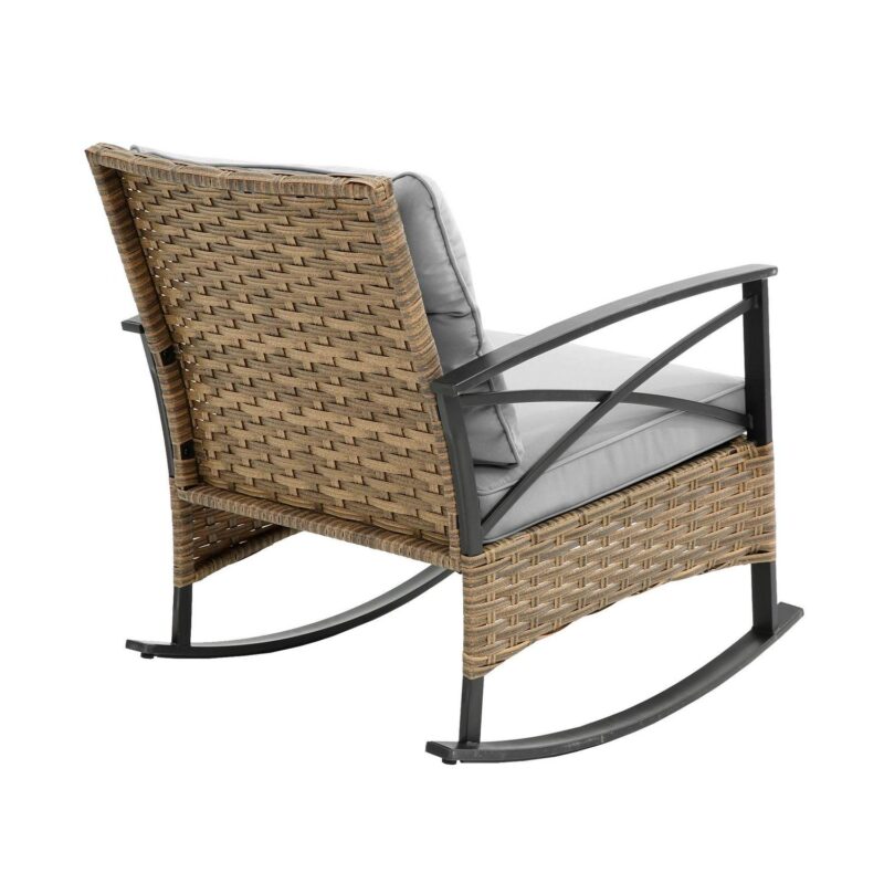 3 Pieces Outdoor Rocking Chairs,Wicker Rattan Rocking Patio Bistro Set for Backyard, Porch, Balcony, Poolside,Gray - Image 9