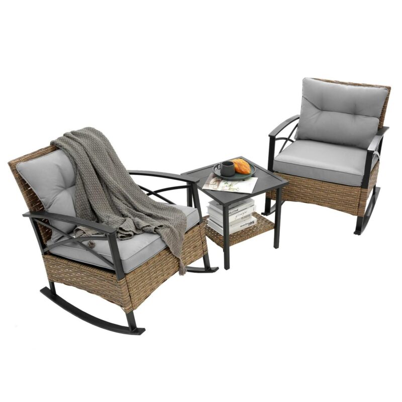 3 Pieces Outdoor Rocking Chairs,Wicker Rattan Rocking Patio Bistro Set for Backyard, Porch, Balcony, Poolside,Gray - Image 8