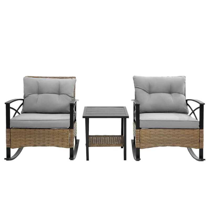 3 Pieces Outdoor Rocking Chairs,Wicker Rattan Rocking Patio Bistro Set for Backyard, Porch, Balcony, Poolside,Gray - Image 3