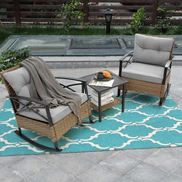 3 Pieces Outdoor Rocking Chairs,Wicker Rattan Rocking Patio Bistro Set for Backyard, Porch, Balcony, Poolside,Gray