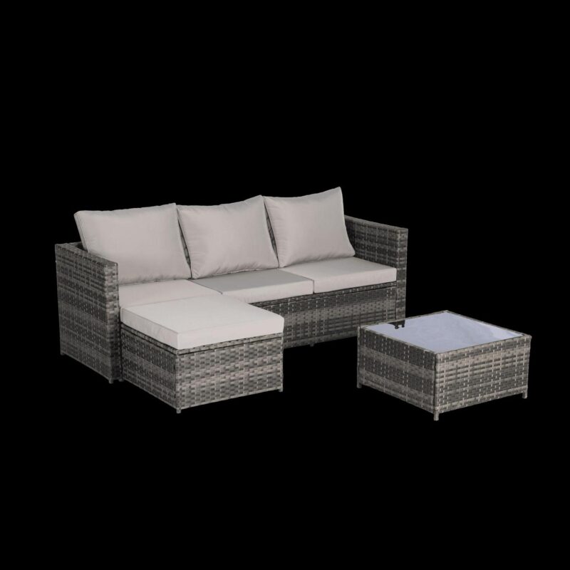 3 Pieces Patio Furniture Set,Outdoor Woven Sectional L- Shaped Sofa with Ottoman,Wicker Conversation Set with Tempered Glass Coffee Table for Backyard Poolside,Light Gray - Image 3
