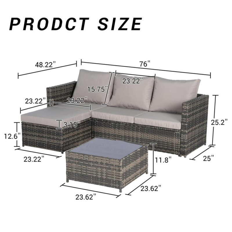 3 Pieces Patio Furniture Set,Outdoor Woven Sectional L- Shaped Sofa with Ottoman,Wicker Conversation Set with Tempered Glass Coffee Table for Backyard Poolside,Light Gray - Image 2