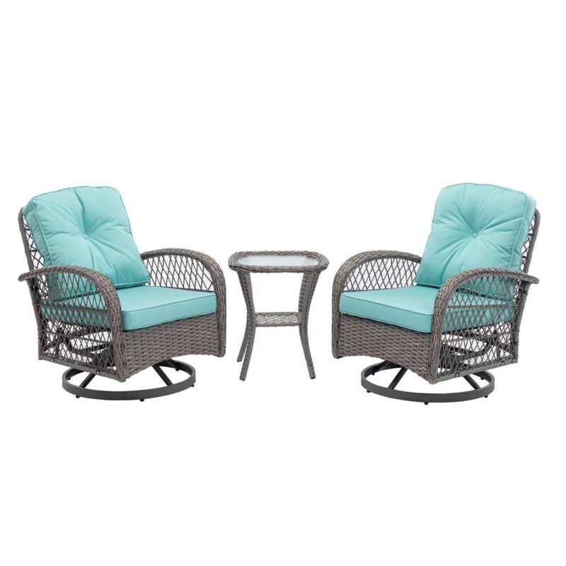 3 Pieces Patio Furniture Set,Outdoor Swivel Rocker Patio Chairs,360 Degree Rocking Patio Conversation Set with Thickened Cushions and Glass Coffee Table for Backyard,Blue - Image 3
