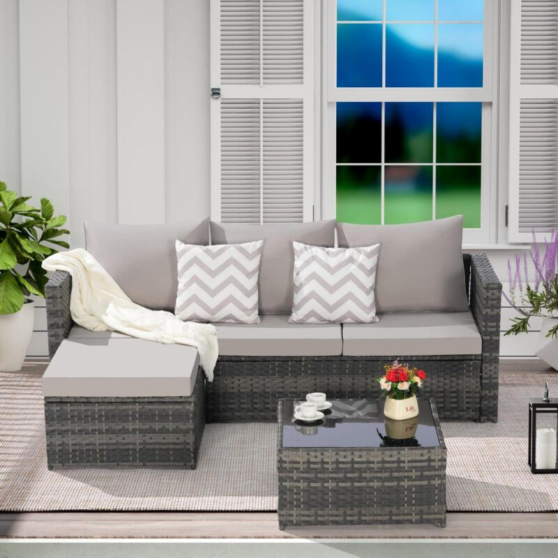 3 Pieces Patio Furniture Set,Outdoor Woven Sectional L- Shaped Sofa with Ottoman,Wicker Conversation Set with Tempered Glass Coffee Table for Backyard Poolside,Light Gray - Image 5