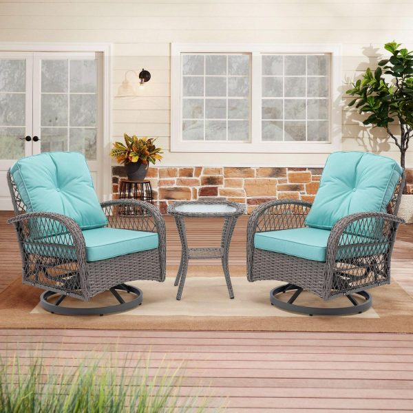 3 Pieces Patio Furniture Set,Outdoor Swivel Rocker Patio Chairs,360 Degree Rocking Patio Conversation Set with Thickened Cushions and Glass Coffee Table for Backyard,Blue