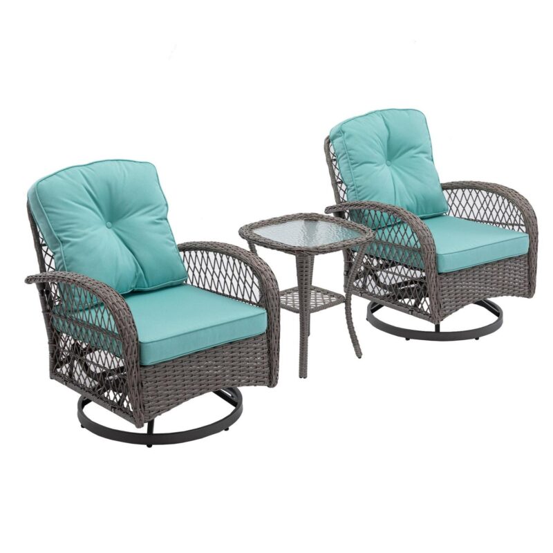 3 Pieces Patio Furniture Set,Outdoor Swivel Rocker Patio Chairs,360 Degree Rocking Patio Conversation Set with Thickened Cushions and Glass Coffee Table for Backyard,Blue - Image 4