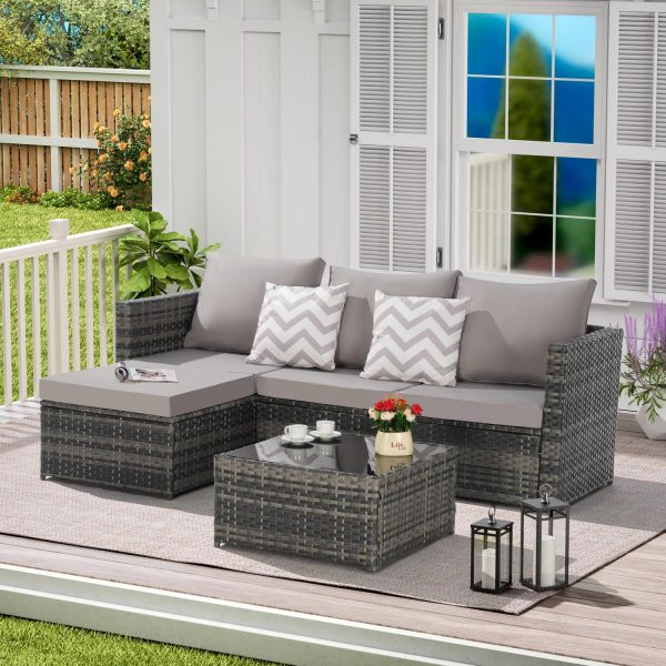 3 Pieces Patio Furniture Set,Outdoor Woven Sectional L- Shaped Sofa with Ottoman,Wicker Conversation Set with Tempered Glass Coffee Table for Backyard Poolside,Light Gray