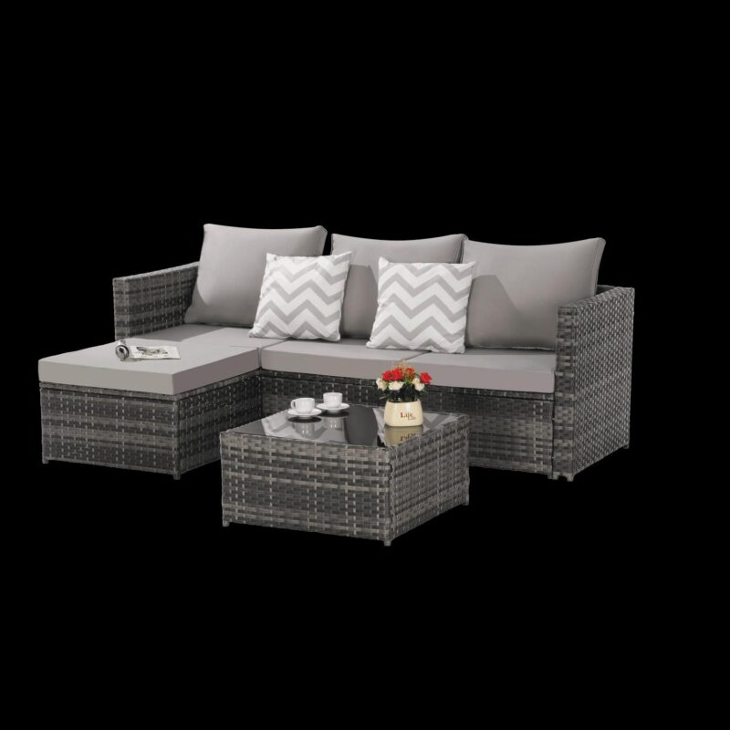 3 Pieces Patio Furniture Set,Outdoor Woven Sectional L- Shaped Sofa with Ottoman,Wicker Conversation Set with Tempered Glass Coffee Table for Backyard Poolside,Light Gray - Image 8
