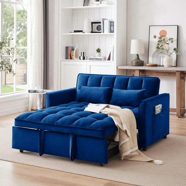 3 in 1 Sleeper ,55  Modern Velvet Convertible Pull Out Bed, Loveseat with 2 Toss Pillows and Adjustable Backrest for ,Blue