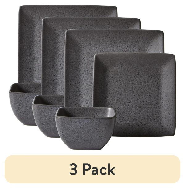 (3 pack) Better Homes and Gardens Anderson Grey Square-Shaped Stoneware 12-Piece Dinnerware Set