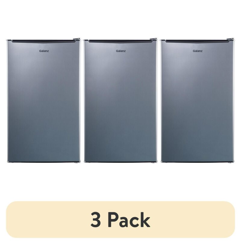 (3 pack) Galanz 3.3 Cu ft One Door Mini Fridge, Estar, Stainless Steel Look, New