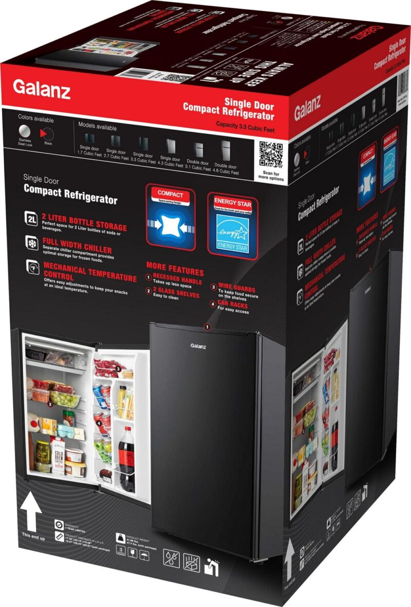 (3 pack) Galanz 3.3 Cu ft One Door Mini Fridge, Black Estar, New - Image 4