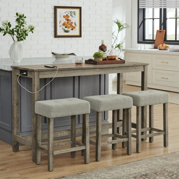 4 Piece Bar Table Set with Power Outlet,Rustic Counter Height Bar Dining Table with 3 Upholstered Stools,Kitchen Table Set for Living Room, Dining Room, Game Room,Brown