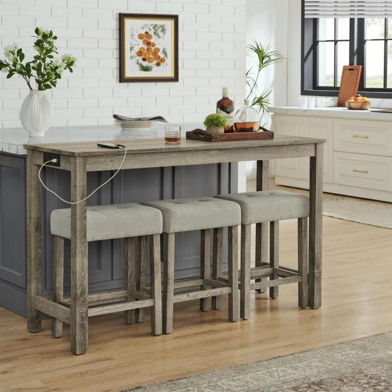 4 Piece Bar Table Set with Power Outlet,Rustic Counter Height Bar Dining Table with 3 Upholstered Stools,Kitchen Table Set for Living Room, Dining Room, Game Room,Brown - Image 9