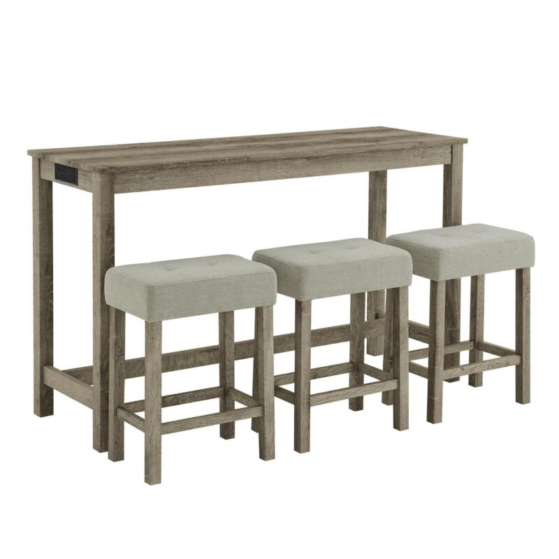 4 Piece Bar Table Set with Power Outlet,Rustic Counter Height Bar Dining Table with 3 Upholstered Stools,Kitchen Table Set for Living Room, Dining Room, Game Room,Brown - Image 7
