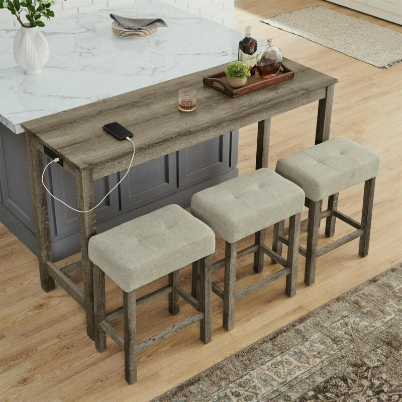 4 Piece Bar Table Set with Power Outlet,Rustic Counter Height Bar Dining Table with 3 Upholstered Stools,Kitchen Table Set for Living Room, Dining Room, Game Room,Brown - Image 3