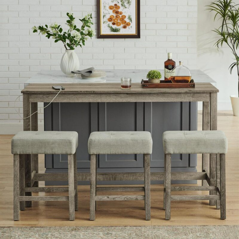 4 Piece Bar Table Set with Power Outlet,Rustic Counter Height Bar Dining Table with 3 Upholstered Stools,Kitchen Table Set for Living Room, Dining Room, Game Room,Brown - Image 4