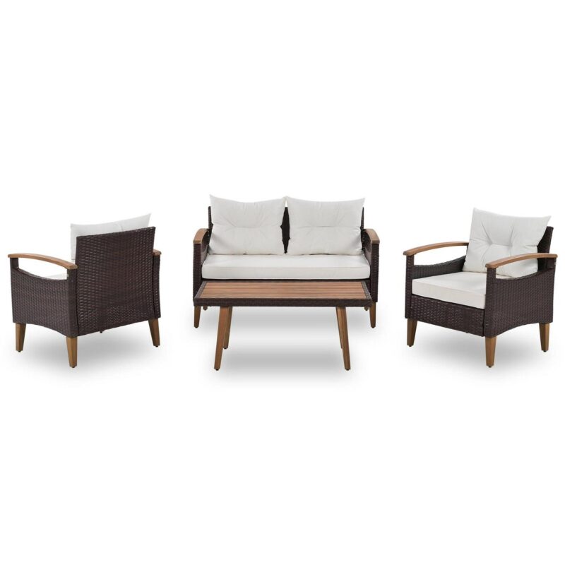 4 Piece Wicker Conversation Set,PE Rattan Outdoor Sofa Set with Wood Table and Cushions,All Weather Outdoor Sectional Sofa Set,Beige - Image 5