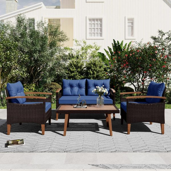 4 Piece Wicker Conversation Set,PE Rattan Outdoor Sofa Set with Wood Table and Cushions,All Weather Outdoor Sectional Sofa Set,Blue