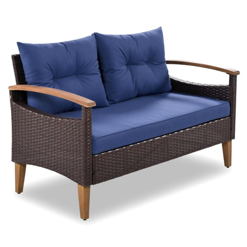4 Piece Wicker Conversation Set,PE Rattan Outdoor Sofa Set with Wood Table and Cushions,All Weather Outdoor Sectional Sofa Set,Blue - Image 12
