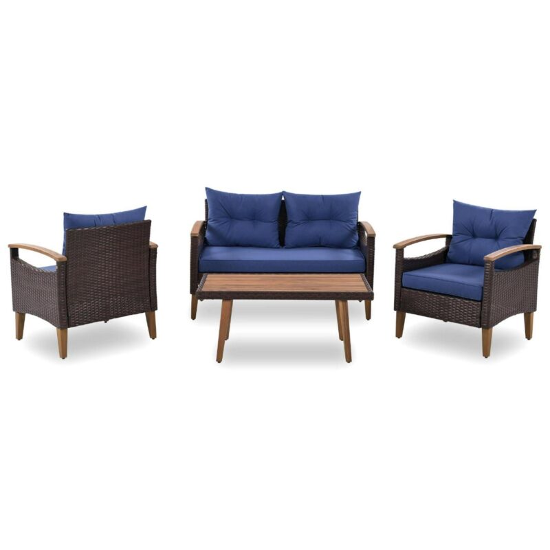 4 Piece Wicker Conversation Set,PE Rattan Outdoor Sofa Set with Wood Table and Cushions,All Weather Outdoor Sectional Sofa Set,Blue - Image 8