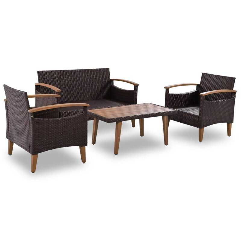 4 Piece Wicker Conversation Set,PE Rattan Outdoor Sofa Set with Wood Table and Cushions,All Weather Outdoor Sectional Sofa Set,Beige - Image 6