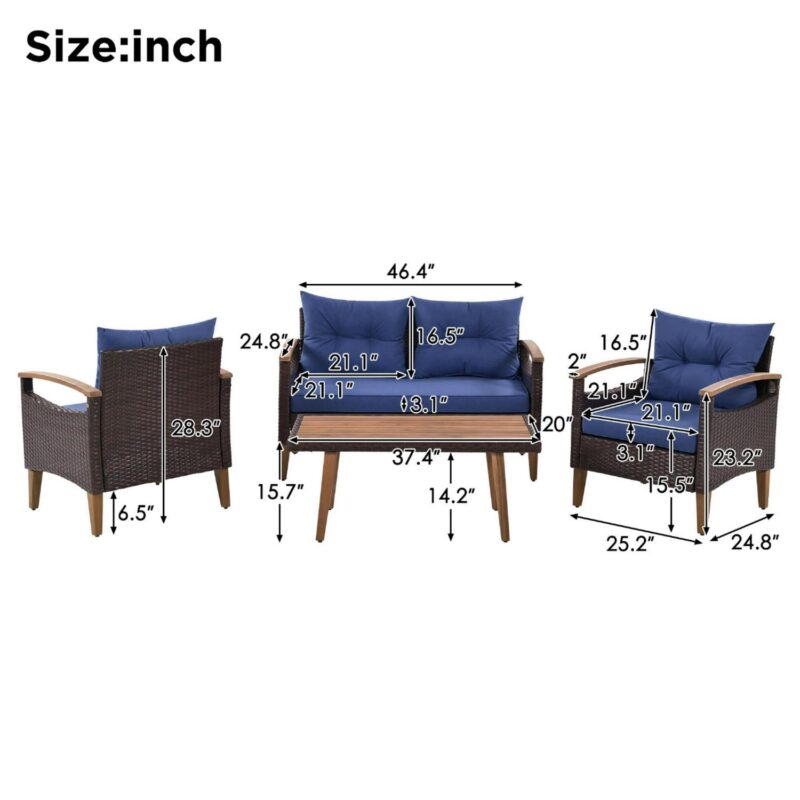 4 Piece Wicker Conversation Set,PE Rattan Outdoor Sofa Set with Wood Table and Cushions,All Weather Outdoor Sectional Sofa Set,Blue - Image 13