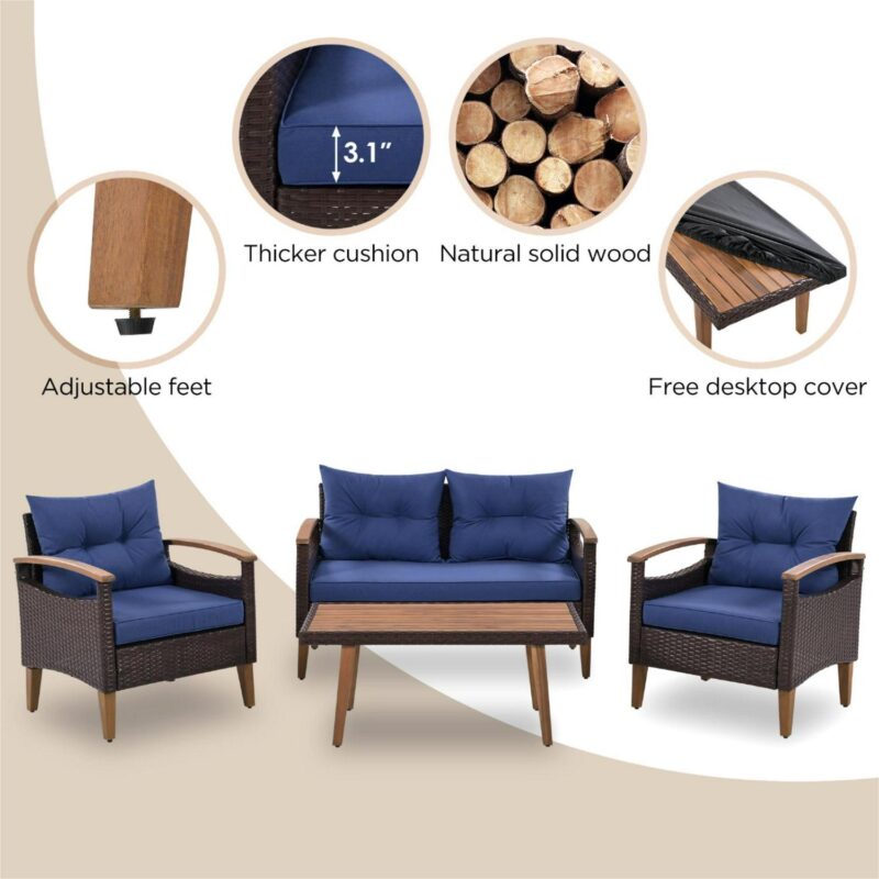 4 Piece Wicker Conversation Set,PE Rattan Outdoor Sofa Set with Wood Table and Cushions,All Weather Outdoor Sectional Sofa Set,Blue - Image 6
