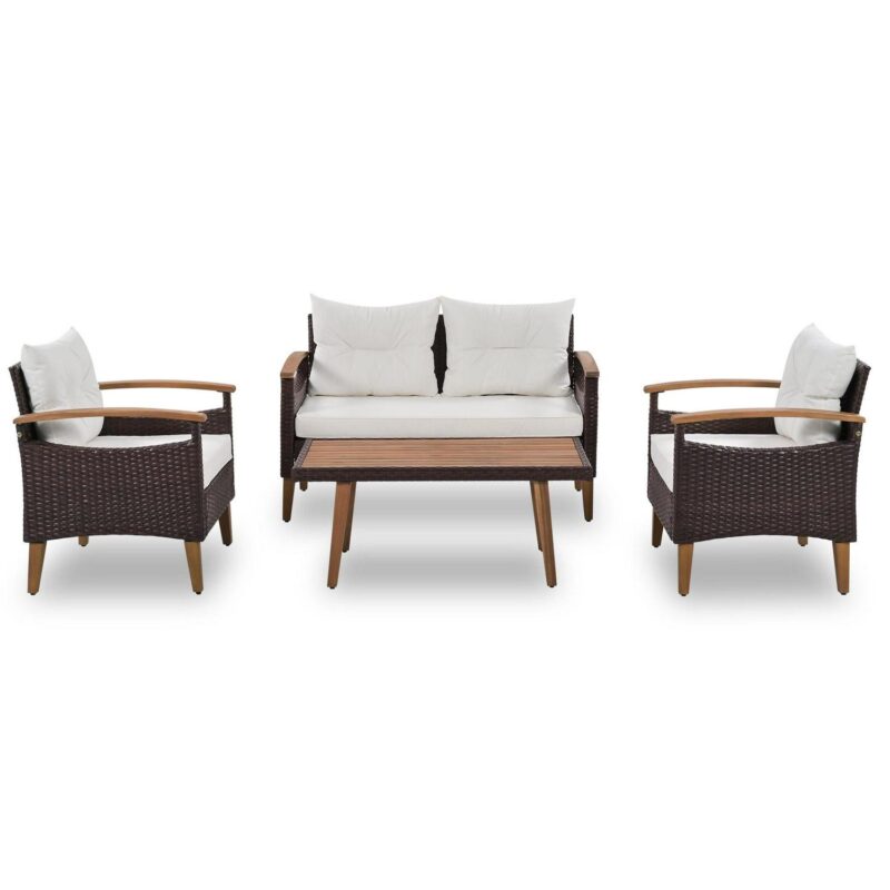 4 Piece Wicker Conversation Set,PE Rattan Outdoor Sofa Set with Wood Table and Cushions,All Weather Outdoor Sectional Sofa Set,Beige - Image 4