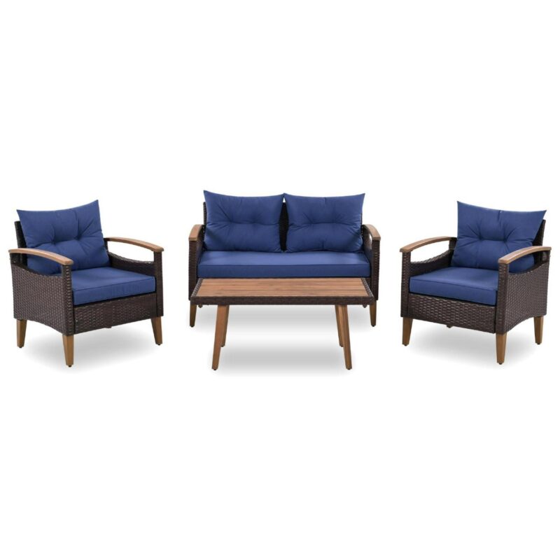 4 Piece Wicker Conversation Set,PE Rattan Outdoor Sofa Set with Wood Table and Cushions,All Weather Outdoor Sectional Sofa Set,Blue - Image 7