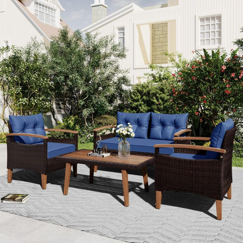 4 Piece Wicker Conversation Set,PE Rattan Outdoor Sofa Set with Wood Table and Cushions,All Weather Outdoor Sectional Sofa Set,Blue - Image 2