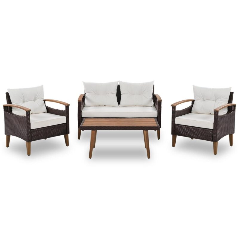 4 Piece Wicker Conversation Set,PE Rattan Outdoor Sofa Set with Wood Table and Cushions,All Weather Outdoor Sectional Sofa Set,Beige - Image 3