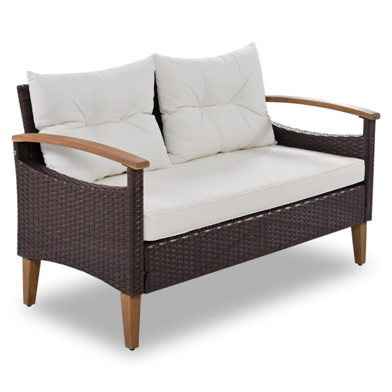 4 Piece Wicker Conversation Set,PE Rattan Outdoor Sofa Set with Wood Table and Cushions,All Weather Outdoor Sectional Sofa Set,Beige - Image 8