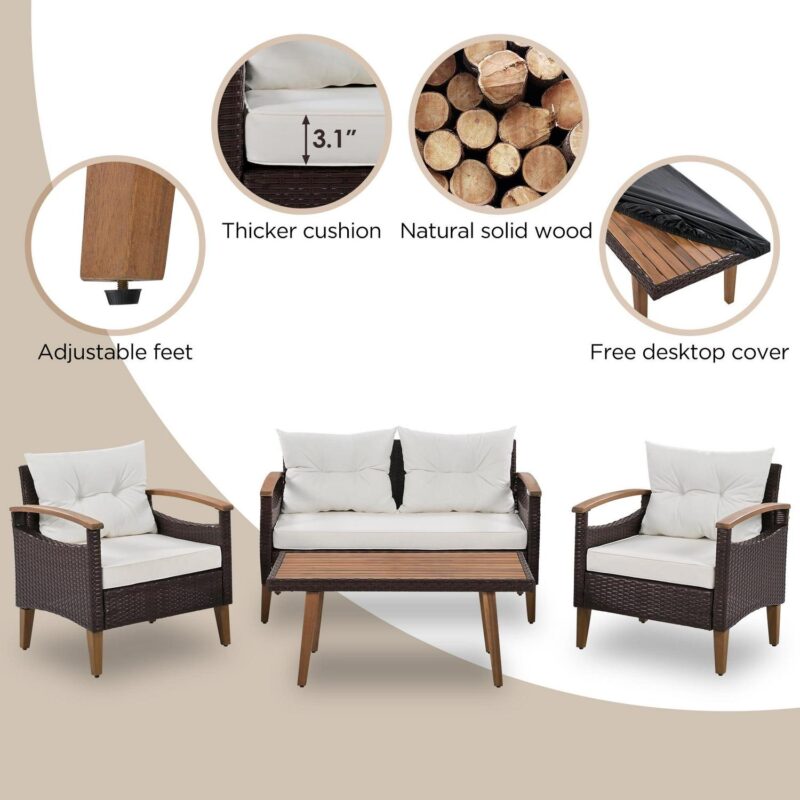 4 Piece Wicker Conversation Set,PE Rattan Outdoor Sofa Set with Wood Table and Cushions,All Weather Outdoor Sectional Sofa Set,Beige - Image 12